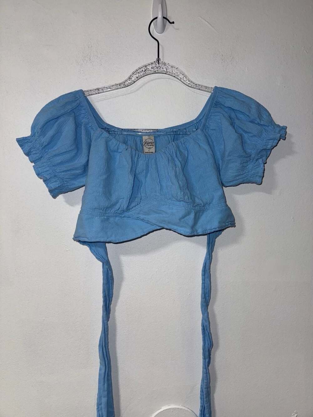 Blanco by Nature Blue Puff Sleeve Crop Top with Tie Front Size L